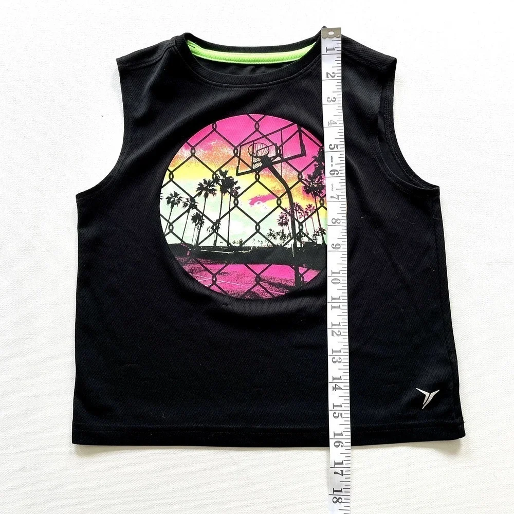 Old Navy Boys XS 5Y Black Go-Dry Tank Top Neon Basketball Graphic Activewear Gym